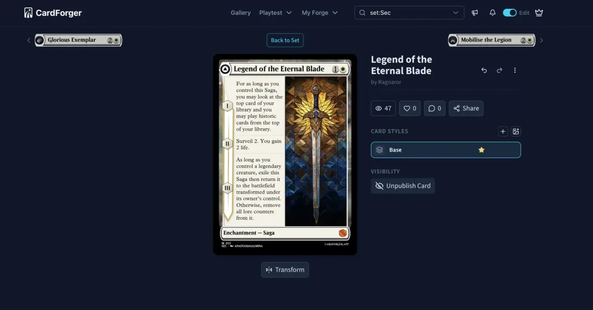 The SetForger card editor with a custom Magic: The Gathering card being edited in-place